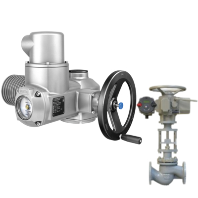 Motorized ball valve with an AUMA GS part-turn gearbox and SA multi-turn modular universal electric actuator.