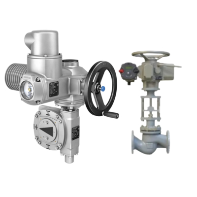 Motorized ball valve with an AUMA GS part-turn gearbox and SA multi-turn modular universal electric actuator.